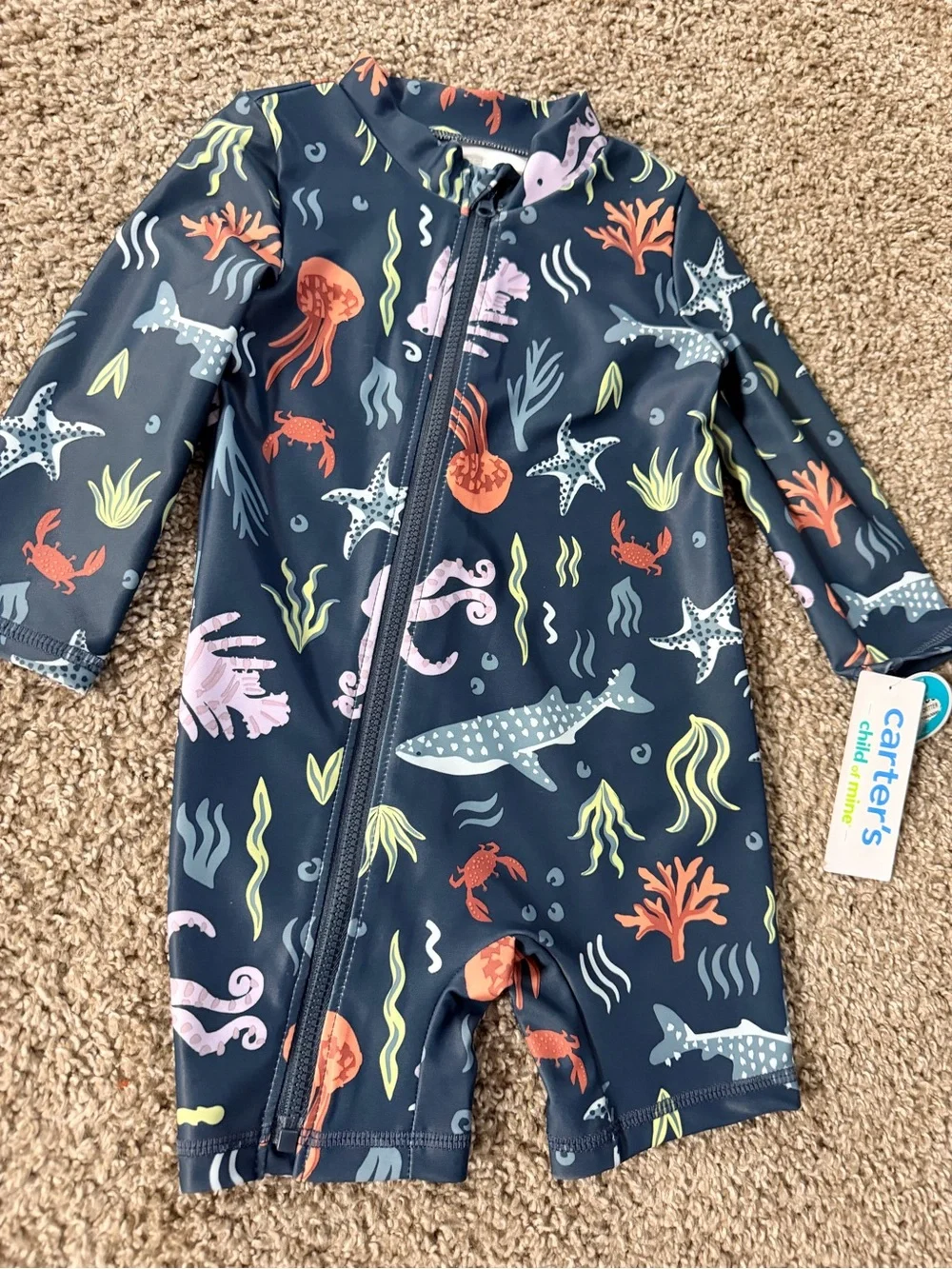 Carter's Navy Ocean Creatures Long-Sleeve Kids Swim Sunsuit